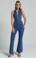 Casidy Jumpsuit - Zip Front Collared Halter Neck Denim in Mid Blue Wash