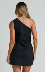 Mardelle Mini Dress - Linen One Shoulder Shift Dress in Black
