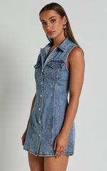 Gigie Mini Dress - Button Front Collared Denim in Mid Blue Wash