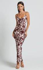 Charesse Maxi Dress - Satin Bias Cut Scoop Neck Low Back Slip Dress in Choc Floral