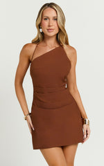 Alycia Mini Dress - Asymmetric Neck Strapped Back Bias Dress in Chocolate