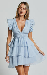 Elbertine Mini Dress - Flutter Sleeve Pleated Dress in Pale Blue