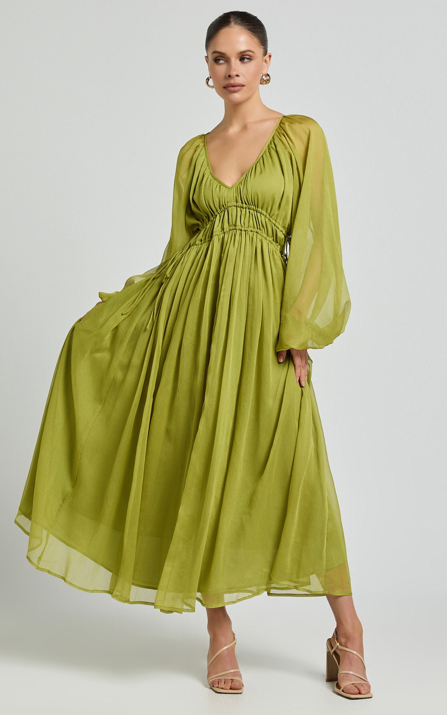 Roxanna Maxi Dress - Long Sleeve Ruched Waist Dress in Green