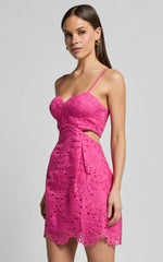 Layne Mini Dress - Strappy Cut Out Embroidered Dress in Pink