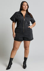 Mauriel Playsuit - Recycled Cotton Utility Playsuit in Washed Black