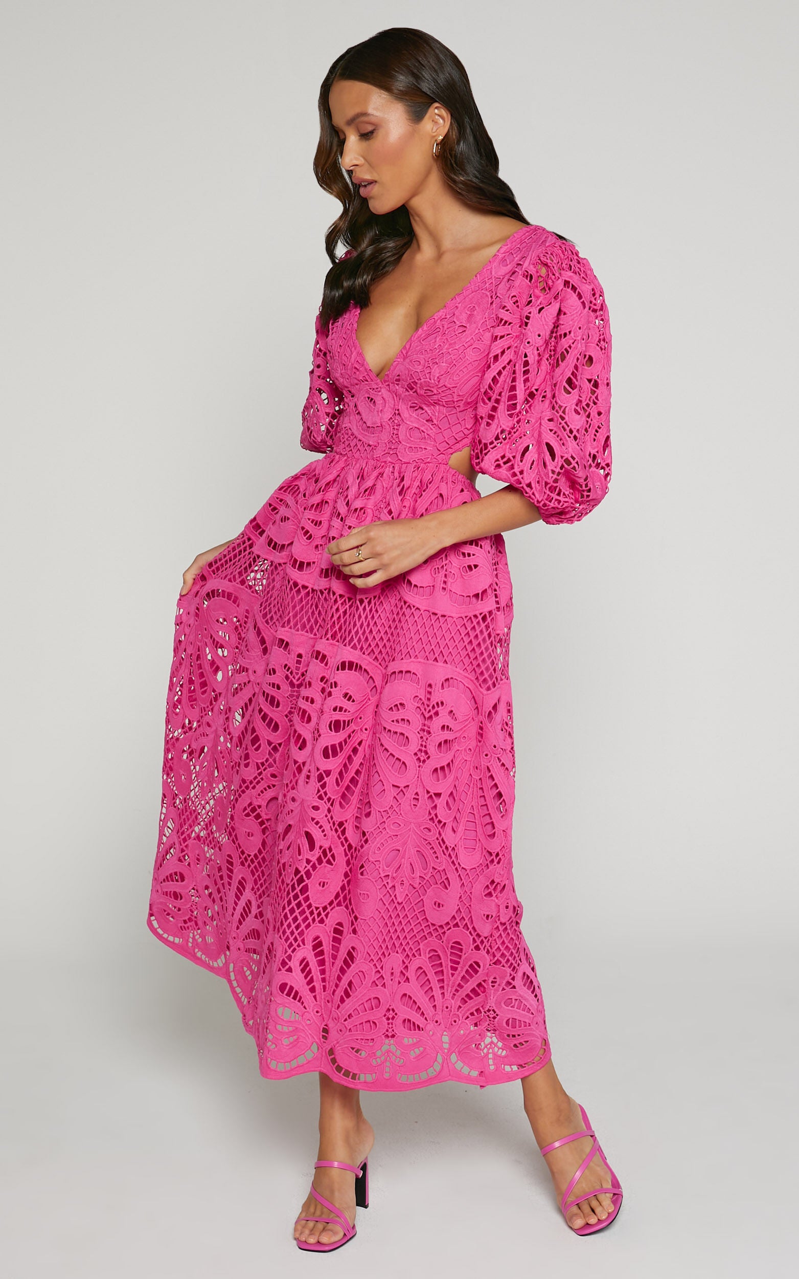 Anieshaya Midi Dress - V Neck Cut Out Lace Dress in Pink
