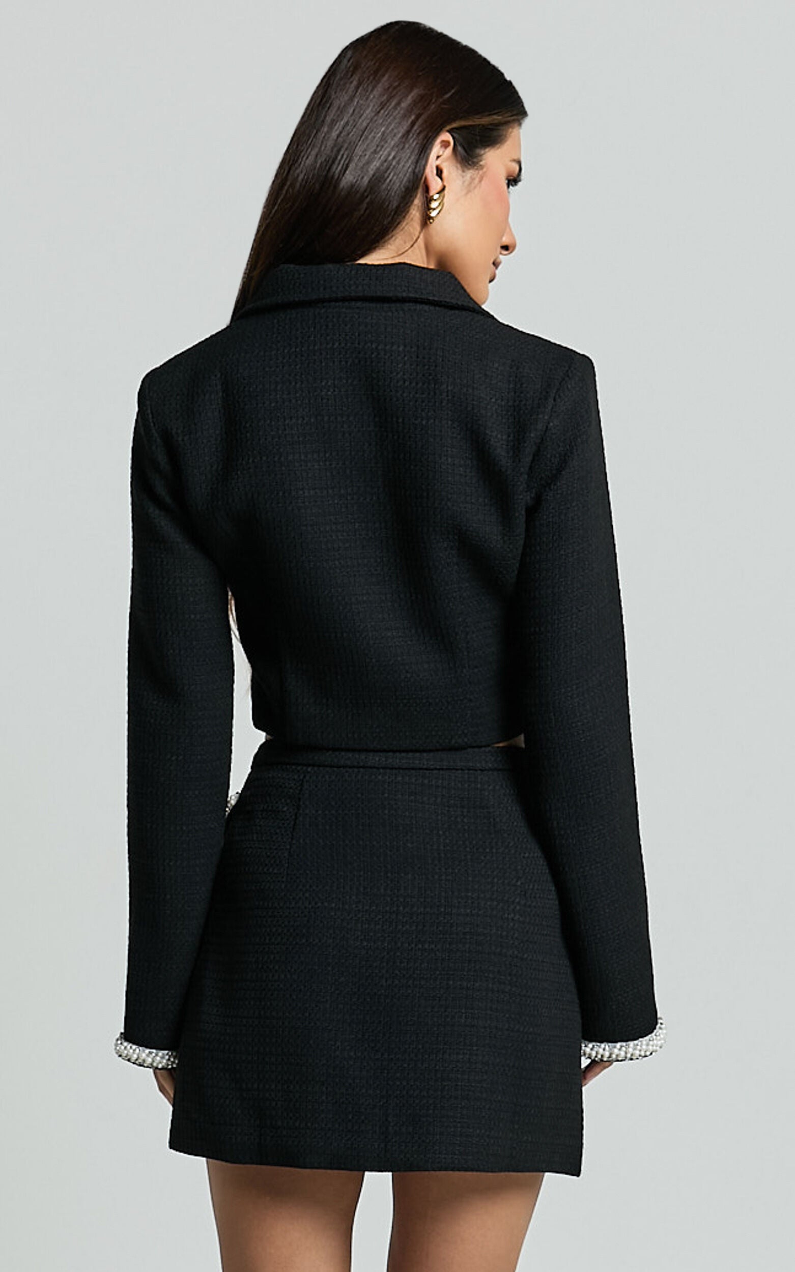 Donatella Mini Skirt - Boucle Pearl Trim Side Split Mini Skirt in Black