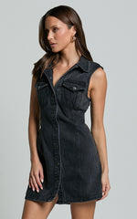 Gigie Mini Dress - Button Front Collared Denim in Washed Black