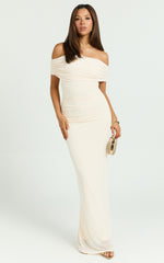 Caterina Maxi - Ruched Off Shoulder Mesh Dress in Off White