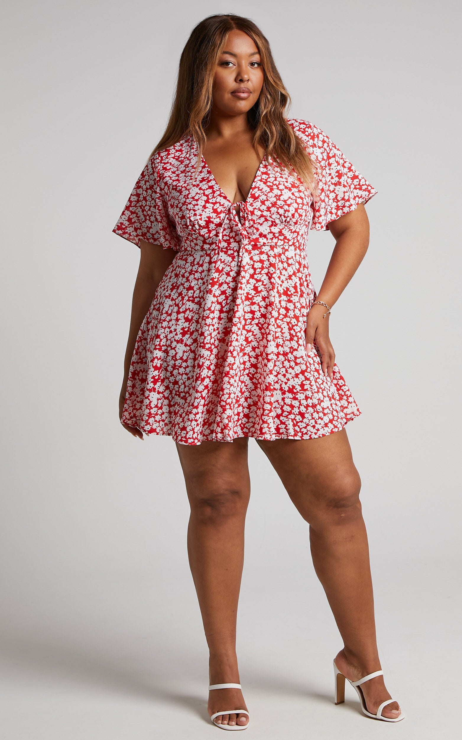 Rosario Mini Dress - Flutter Sleeve V Neck Dress in Red Ditsy Floral