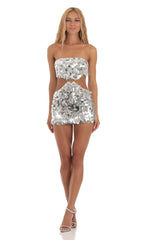 Silver Sequin Cutout Dress in White