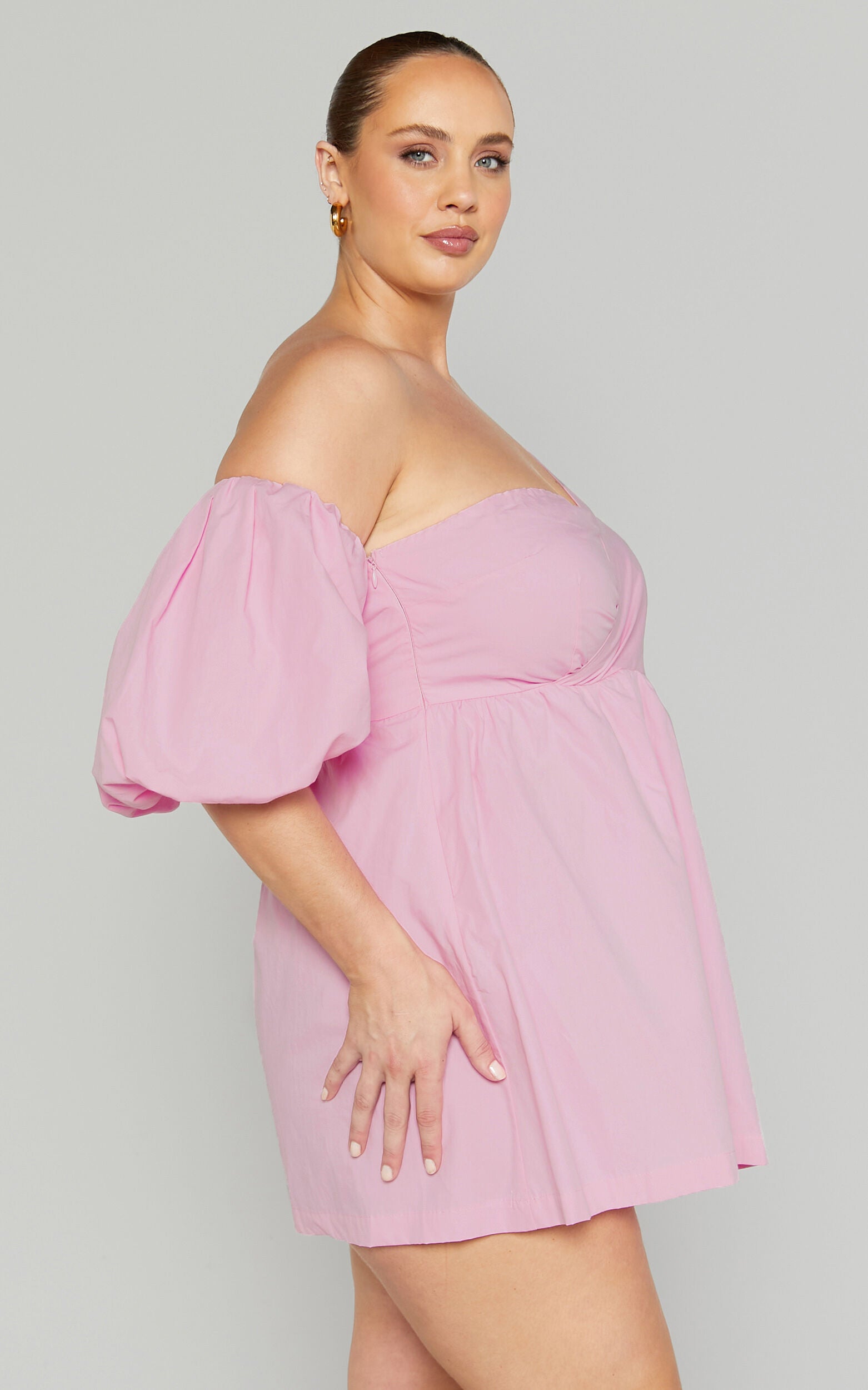 Sula Mini Dress - Asymmetric Off One Shoulder Puff Sleeve Dress in Pink