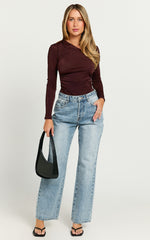 Genie Bodysuit - Long Sleeve Asymmetric Neckline Bodysuit in Chocolate
