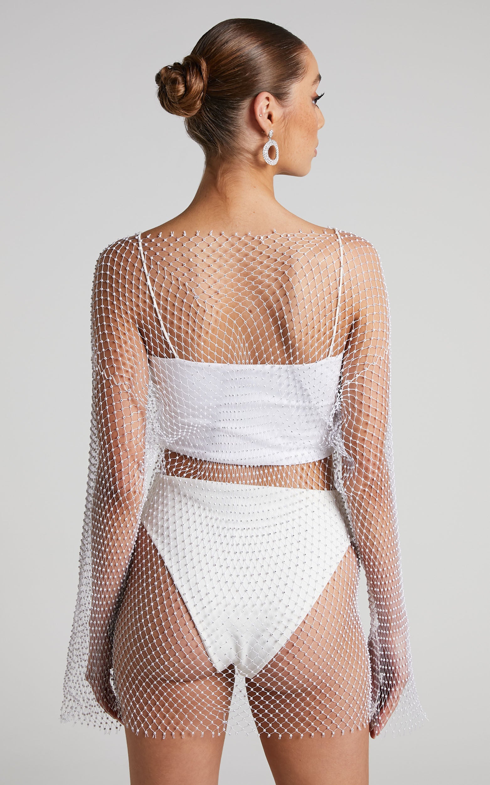 Sharlize Mini Dress - Diamante Mesh Long Sleeve Dress in White