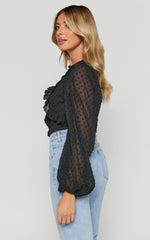 Delilah Bodysuit - V Neck Long Blouson Sleeve Bodysuit in Black