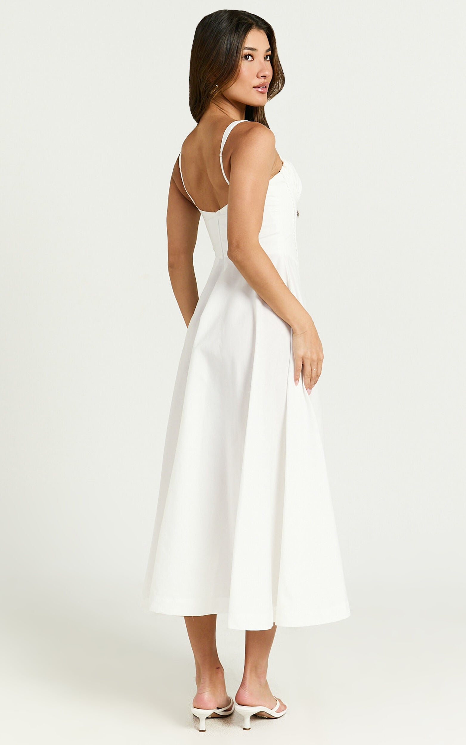 Jonas Midi Dress - Ruched Corset Lace Trim Dress in Ivory