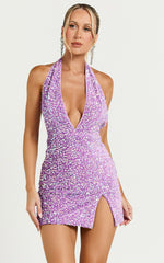 Benita Mini Dress - Plunge Halter Low Back Sequin Dress in Lilac