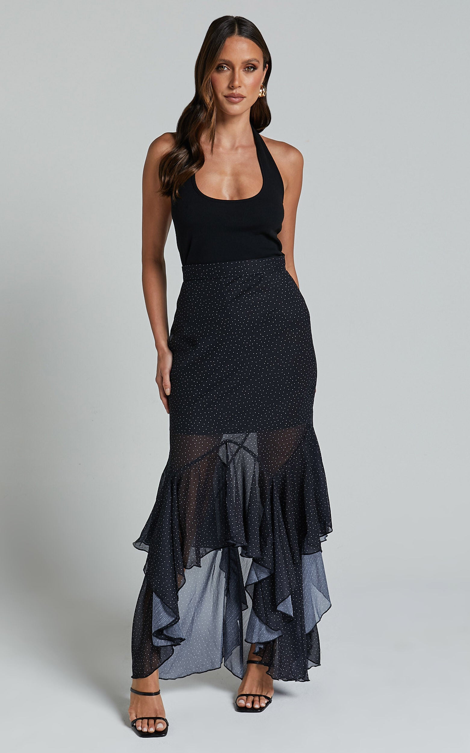 Artemisia Maxi Skirt - Frill Detail Sheer High Low Skirt in Black Polka