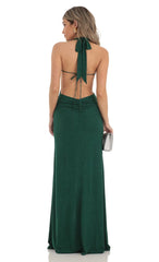 Shimmer Front Slit Open Back Maxi Dress in Green