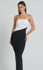 Hayley Midi Dress - Strapless Bodycon Dress in Black/White