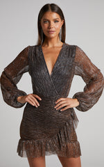 Laurah Mini Dress - V Neck Long Sleeve Plisse Dress in Black/gold