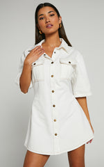 Leilani Mini Dress - Denim Short Sleeve Button Up Dress in ECRU