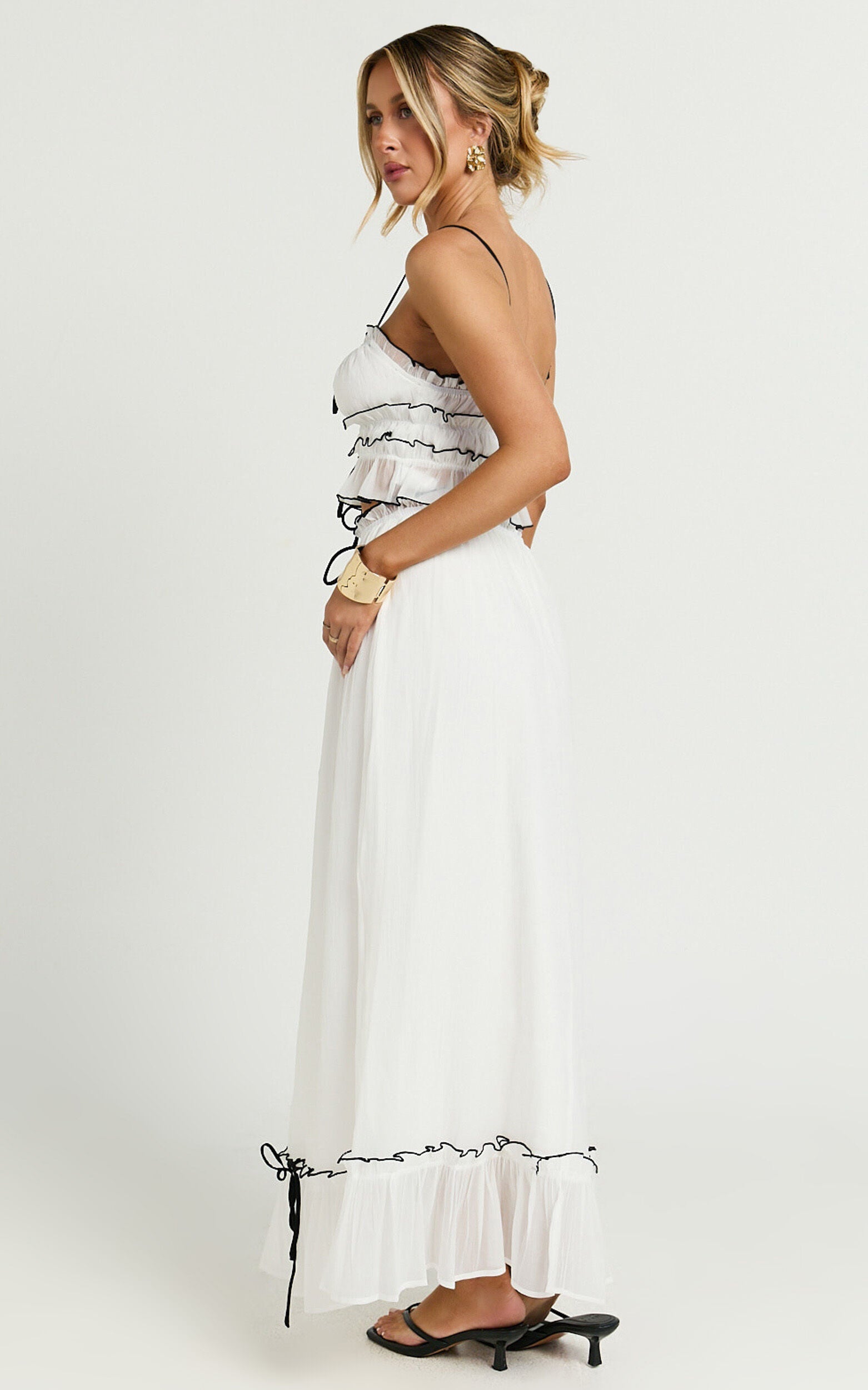 Jaden Maxi Skirt - Gathered Contrast Tie Detail Skirt in Cream