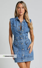 Jasse Mini Dress - Button Through Denim Dress in Mid Blue Wash