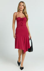 Clare Midi Skirt - Mid Waisted Asymmetric Bias Cut Slip Skirt in Cherry Red