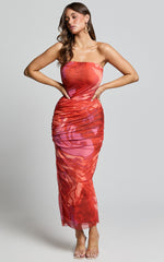 Yazmin Midi Dress - Strapless Ruched Mesh Slip Dress in Pink Blur Print