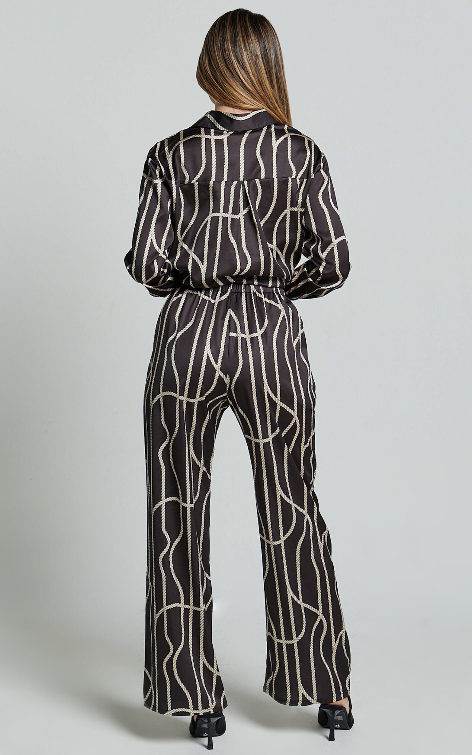 Yolanda Pants - High Waisted Straight Leg Pants in Black/Gold Chain Print