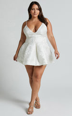 Gemima Mini Dress - Strappy Plunge Neck Fit and Flare Dress in White