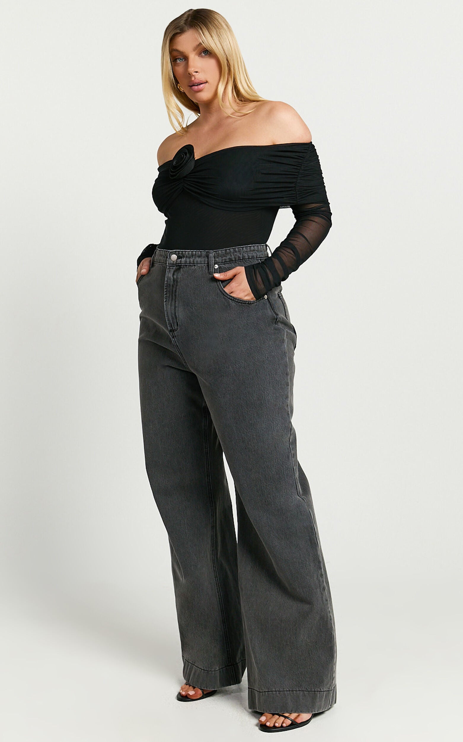 Seraphina Bodysuit - Off Shoulder Long Sleeve Detachable Rosette Mesh Bodysuit in Black