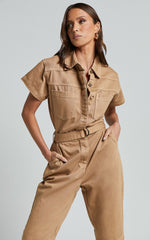 Amalie The Label - Havanah Recycled Cotton Denim Boiler Jumpsuit in Tobacco