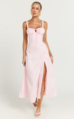 Maiya Midi Dress - Tie Front Fitted Bodice Dress in Soft Pink