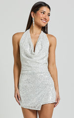 Cynthina Mini Dress - Sequin Cowl Halter Neck Wrap Dress in Silver