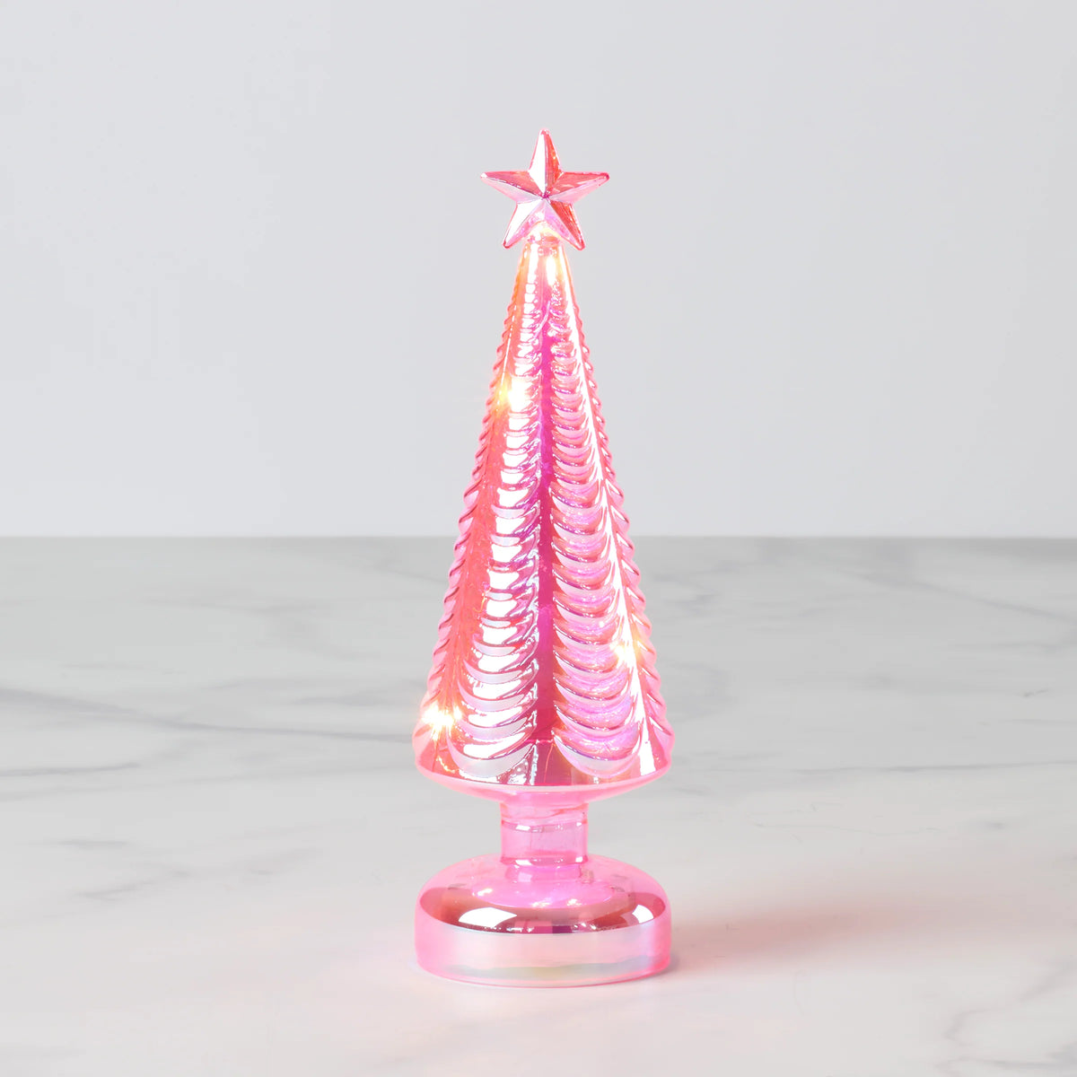 LED Lit Pink Glass Star-Topped Holiday Tree