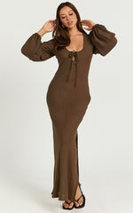 Sydney Midi Dress - Scoop Neck Long Sleeve Slip Dress in Brown