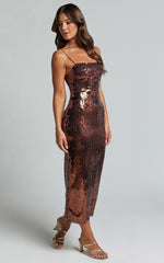 Dorice Midi Dress - Strappy Straight Neck Square Sequin Dress in Chocolate