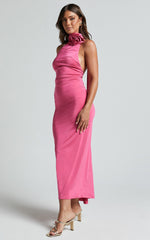 Alvera Maxi Dress - Rosette Neck Tie Detail Ruched Dress in Pink