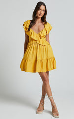 Amalie The Label - Hescia Linen Blend Frill Detail Low Back Mini Dress in Warm Yellow Gold