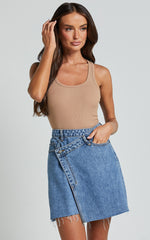 Rihanna Skirt - High Waisted Asymmetrical Denim Skirt in Mid Blue Wash