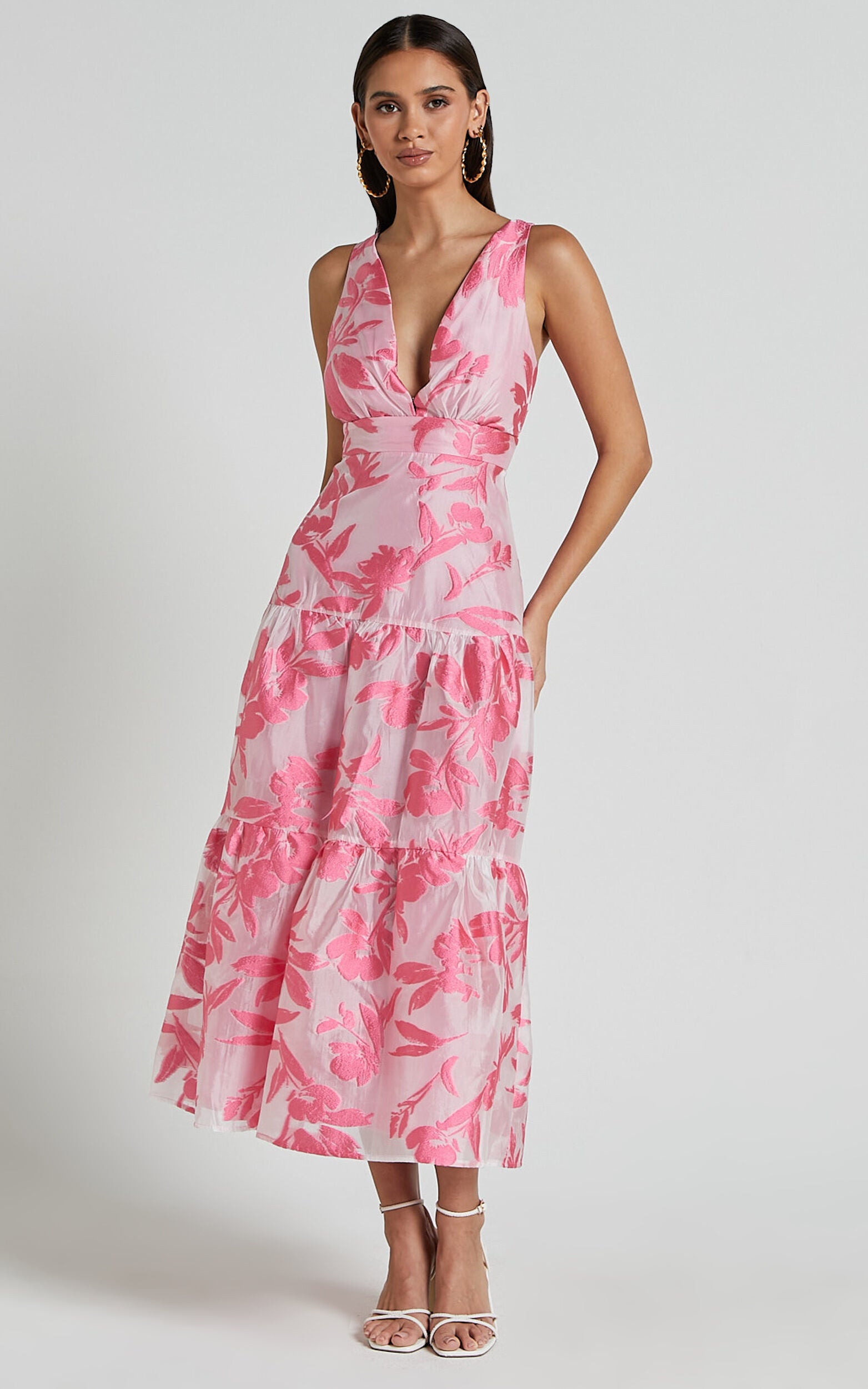 Reba Midi Dress - V Neck Tiered Jacquard Dress in Pink