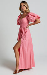 Raiza Midi Dress - Shirred Waist Puff Sleeve Dress in Coral Pink