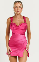 Wren Mini Dress - Cowl Neck Split Front Dress in Pink