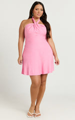 Louie Mini Dress - Linen Halter Neck Dress in Candy Pink