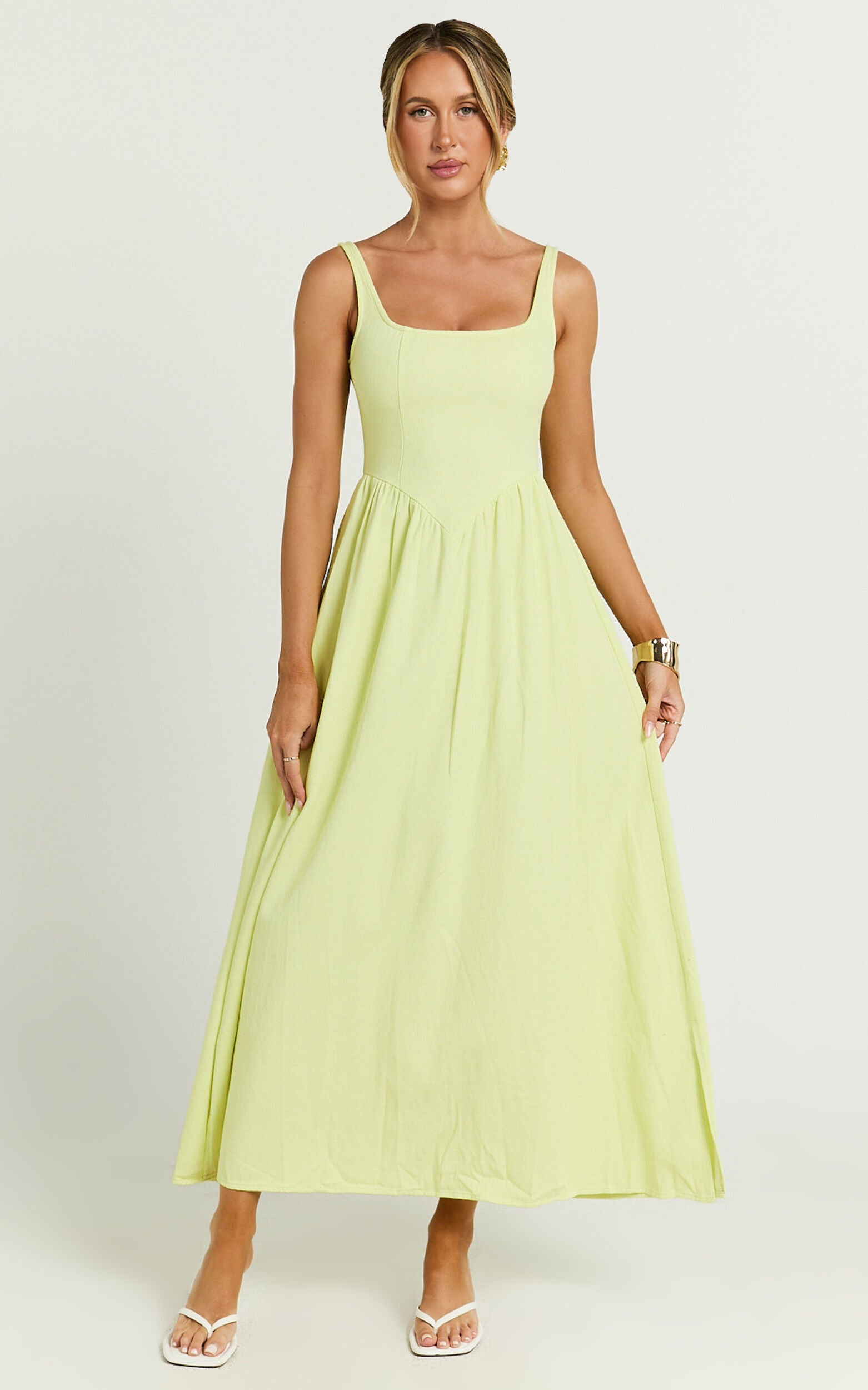 Rhaziya Midi Dress - Sleeveless Straight Neck Fit and Flare Dress in Citrus