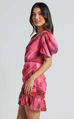 Eliza Mini Dress - Bishop Sleeve Button Front Dress in Blushing Haze