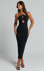 Dominika Midi Dress - Halter Neck Cut Out Bodycon Dress in Black