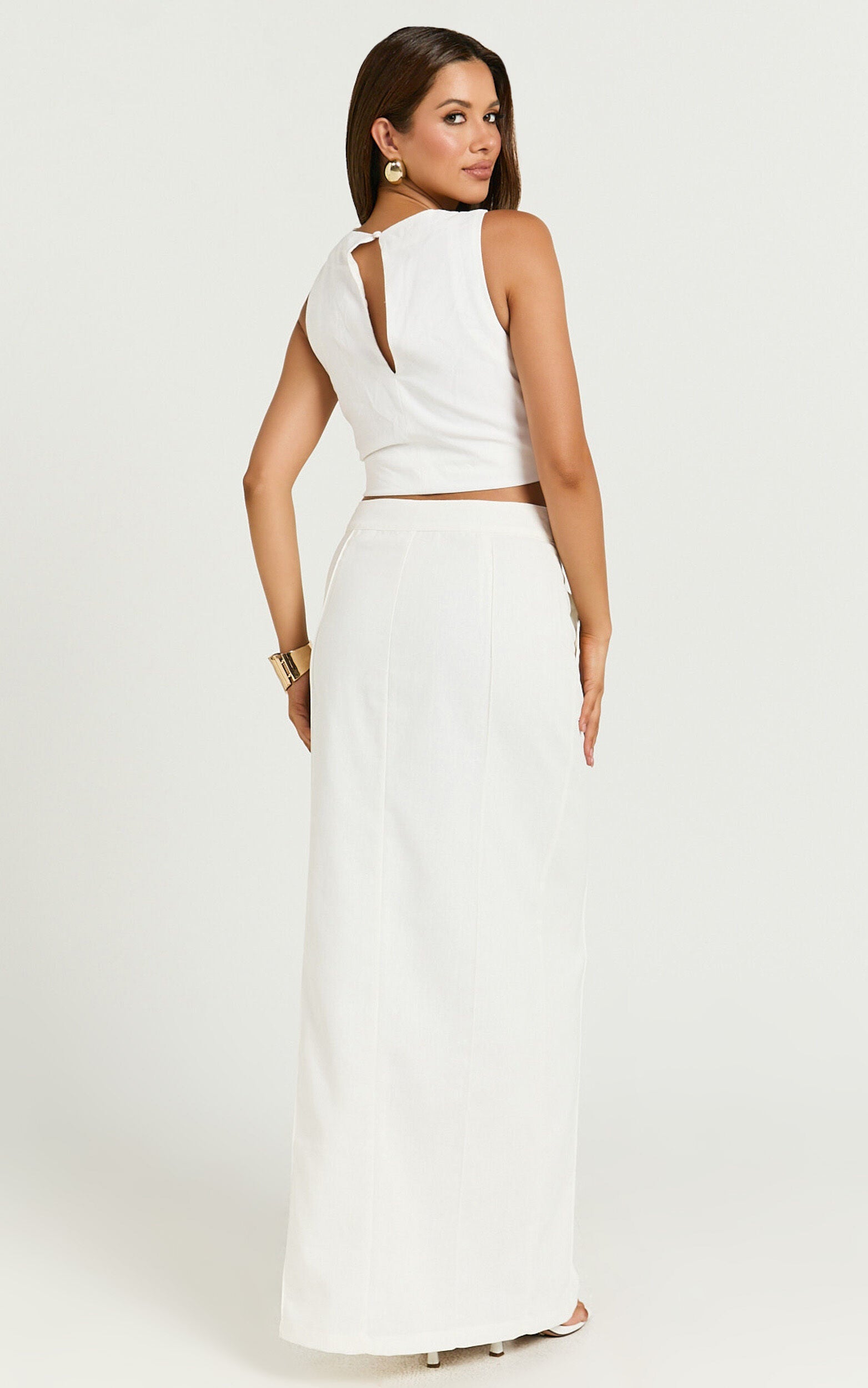 Bethany Maxi Skirt - High Waist Linen Front Split Cargo Skirt in Off White